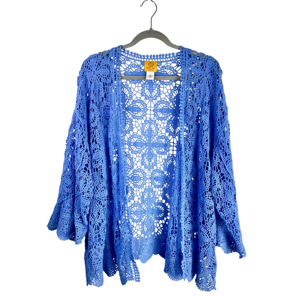 Ruby Rd 2X Crochet Lace Light Blue Cardigan Kimono Bell Sleeve Open Front Cotton